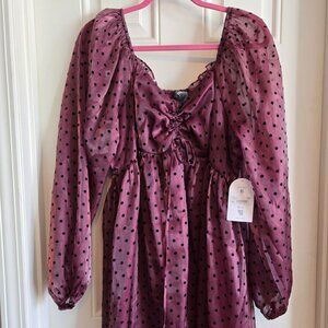 Arula Beautiful B Burgundy Polka Dot Dress 2X NWT Sheer Long Sleeve Babydoll